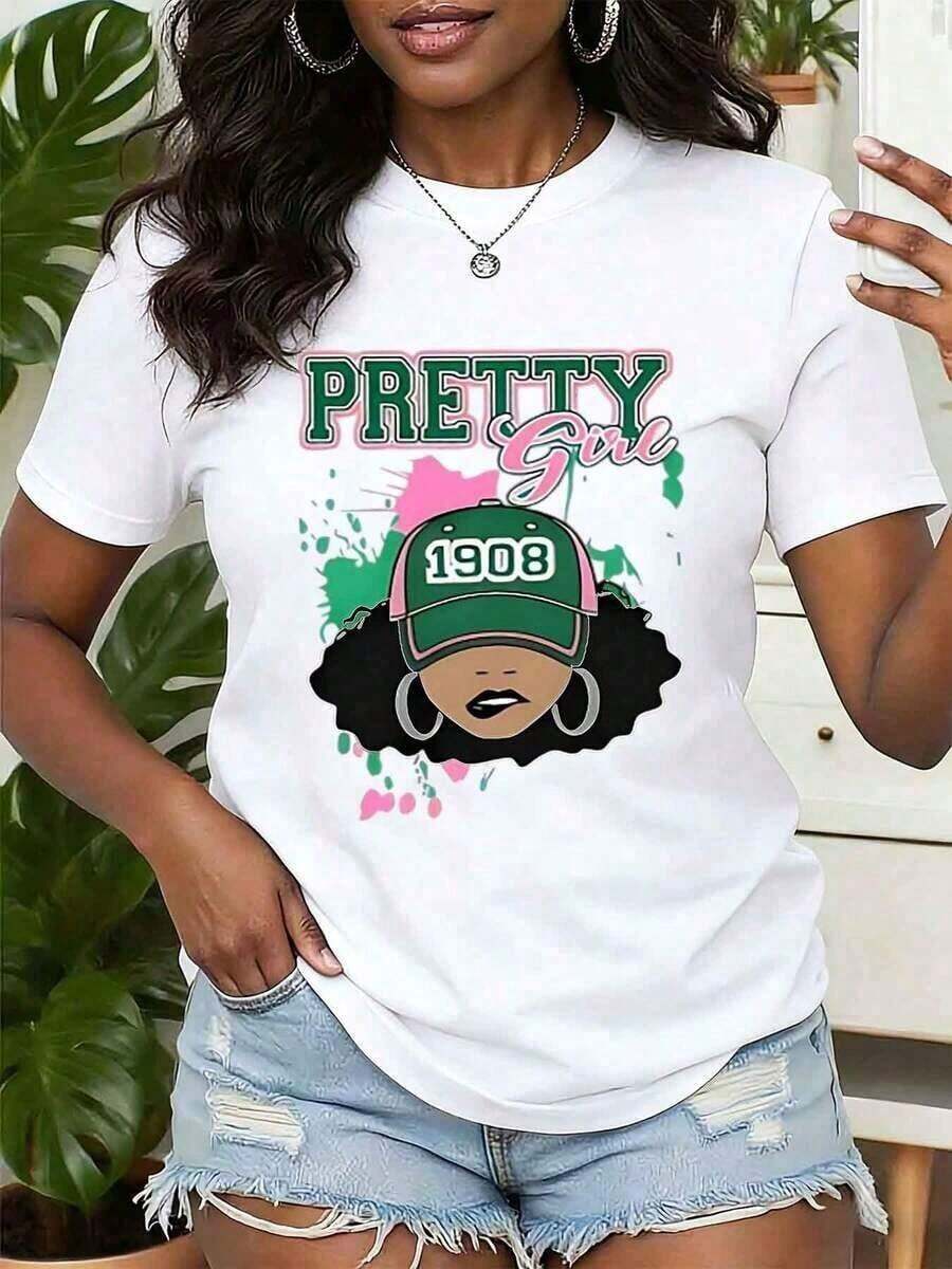 Camiseta de Mujer 100% Algodón, Diseño de Gorra Pretty Girl 1908, Cuello Redondo, Estilo Casual, Idea de Regalo, Aka Sorority 220gY2Y, Conjuntos de Primavera para Mujer, Tops |   Diseño exquisito |   Suelto y cómodo |   Fácil de combinar | - Blanco - Ver 1
