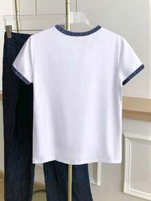 Camiseta casual de mujer de manga corta con cuello redondo y estampado de corazón en bloques de color - Blanco 4 - Ver 2