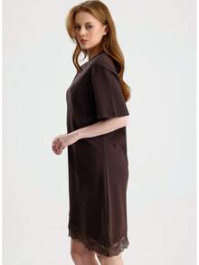 RoseArya Cotton Asymmetric Hem Lace Detail Short Sleeve Dress - Coffee - View 3