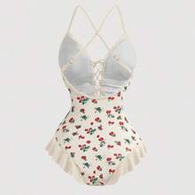 MOD Ruffle Patchwork Front-Tie Strawberry Print Contrast Color One-Piece Swimsuit, Cute, Kawaii - Amarillo - Ver 3
