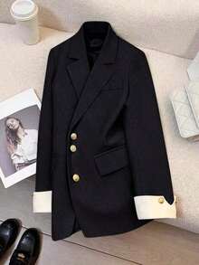 Blazer casual con cuello de solapa y botones para mujer, primavera - Negro - Ver 2