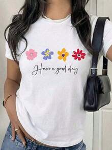 Women's Plain Black Fitted Short Sleeve T-Shirt, Aesthetic Colorful Floral T-Shirt With "Have A Good Day" Slogan And Hand-Drawn Design,  And Positive Youth Tops, Pretty And Elegant Blouses, Casual Summer Clothing, Cute Shirts XFGH CESK - 白色 - 查看 6