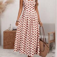 Women's U-Neck Wide Strap Cinched Waist Pleated Back Adjustable Elastic Flared A-Line Midi Dress, Romantic Big Polka Dot, Elegant French Retro Minimalist, Suitable For Office, Commute, Business, Casual, Beach, Spring/Summer - Verde - Ver 5