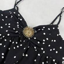Women's Vintage White Polka Dot V-Neck Ruched Dress With Floral Decor, Tiered Bubble Hem, Elegant French Style For Beach, Party, Music Festival, Valentine's Day, Date, Casual Romantic Mini Dress - Negro - Ver 9