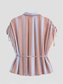 ZAHM Áo sơ mi công sở dáng thanh lịch, nhẹ nhàng, thiết kế dây rút vai phối sọc tương phản, áo blouse tay dài rộng rãi đa năng dành cho nữ. - Hồng - Xem 10