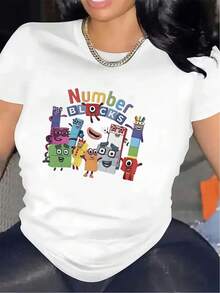 Camiseta de Manga Corta para Sala de Estar |   Con Diseño de Bloques de Números Coloridos, Duradera y Cómoda, para Uso Casual y Actividades Diarias, Material de Tela Suave, Cuello Redondo, Elasticidad Media - Blanco - Ver 1