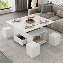 Height Adjustable Coffee Table, Sofa Side Table, 4-In-1 Multifunctional Coffee Table Convertible Into A Living/Dining Room Table, Coffee Table With Drawers, With 4 Stools, White. - White - View 4