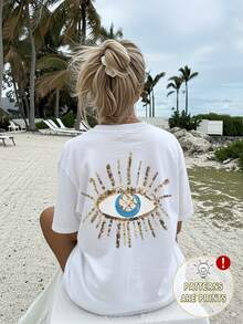 [Printed Design – No Texture][Double-Sided Print] Women's Casual Summer T-Shirt With Beaded Embroidery And Evil Eye Print, Short Sleeve, Round Neck, Pure Cotton, Loose Fit With Drop Shoulders - Vintage Urban Style, Unisex Cotton Short Sleeve Round Neck T-Shirt - 白色 - 查看 3