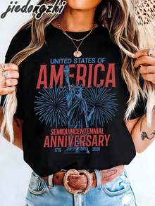 1 Piece Women's Graphic T-Shirt With USA 250th Semicentennial Design, Statue Of Liberty Fireworks Print, Summer T-Shirts, 4th Of July Outfit, Patriotic Aesthetic Cotton T-Shirts, 180g 100% Cotton. - 黑色 - 查看 10