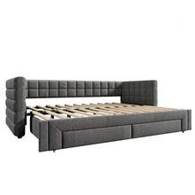Sofa Bed 90 X 200 Cm, With Square Backrest, Extendable (Up To 180 Cm Queen Size), 2 Drawers, Without Mattress, Beige Color. - Grey - View 11