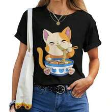 Ropa de Mujer, Camiseta de Mujer, Camiseta de Anime Kawaii de Gato Ramen para Chicas, Camiseta de Mujer Mazezy, Camiseta Vintage de Mamá, Camiseta Casual de Manga Corta con Cuello Redondo y Estampado de Letras Divertidas para Madres, Camisetas Gráficas para Mujeres - Negro - Ver 7