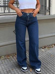 Women's Casual Loose Straight Leg Jeans - Dark Wash - View 3