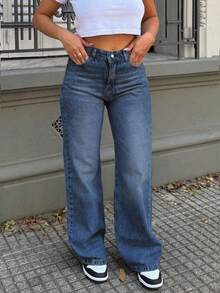 Jeans rectos de pierna suelta con bolsillo en diagonal de unicolor para mujer - Azul lavado oscuro - Ver 3