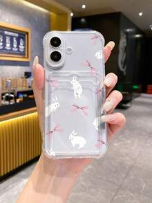 1pc Transparent TPU Hand-Painted Minimalist White Rabbit & Bow Design Shockproof Full Coverage Phone Case, Fashionable, Versatile, Creative, - Multicolor - View 2