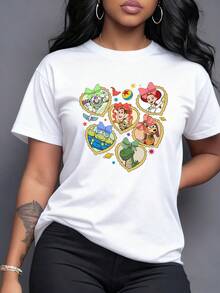 Personajes animados dentro de corazones coloridos que evocan amistad aventura y alegría infantil con detalles de estrellas planetas y lazos en tonos vivos camiseta para mujer cómoda y moderna para uso diario - Blanco - Ver 6