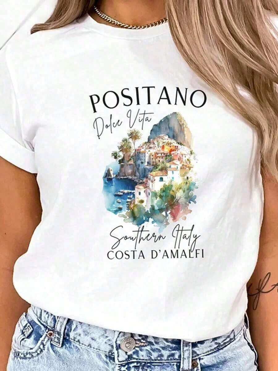 1 pieza de camiseta divertida de algodón, camiseta de Positano, camiseta de Positano Italia, camiseta Softstyle, camiseta de viaje a Italia, linda camiseta de Positano, camiseta de cuello redondo de Positano, camiseta de la  de Amalfi de Positano, 180g 100% algodón. - Blanco - Ver 1