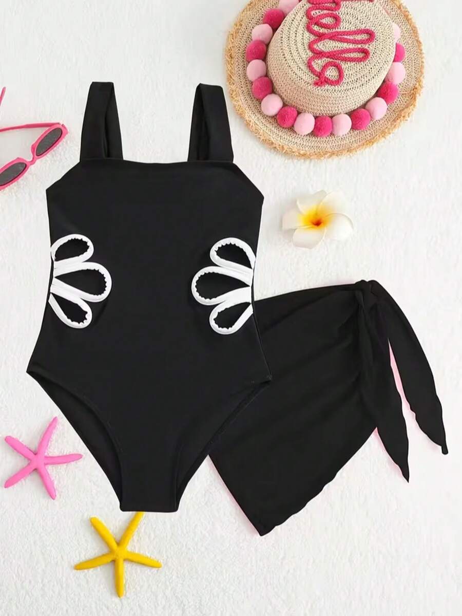 Traje de baño de una pieza con diseño floral calado para niña preadolescente, con cubrecuerpo y falda, para vacaciones 2026 - Negro - Ver 1