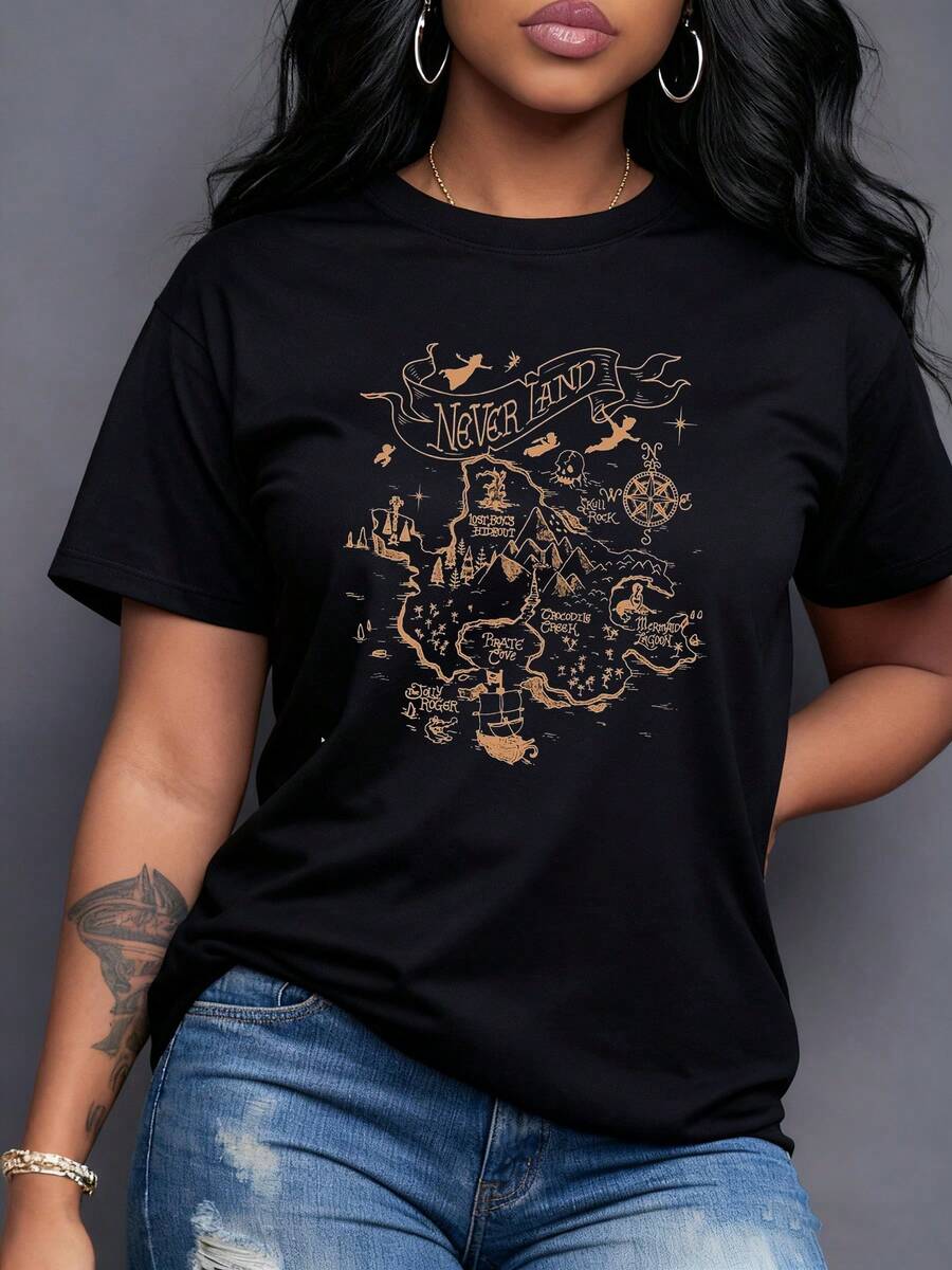 Golden Map Of A Magical Island With Pirate Treasure Routes, Stars, And Fantastic Creatures That Evoke Adventure And Freedom. Modern And Comfortable Casual Women's T-Shirt - 黑色 - 查看 1