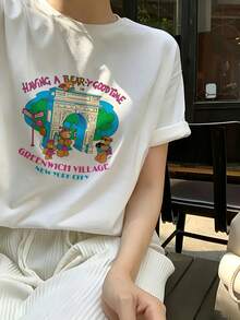 Camiseta Clásica, Moderna y Versátil de Manga Corta con Estampado de Anime para Mujer, Camiseta de Verano - Blanco - Ver 3