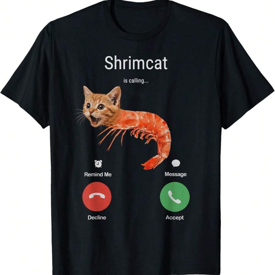 Shrim Calling Funny Meme Shrimcat Shrimp T-Shirt - Black - View 1