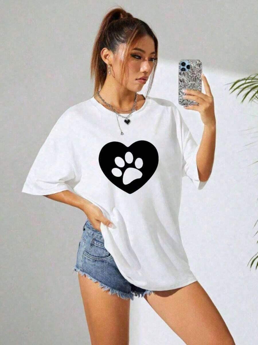 Camisetas Mujer Estampado Huella Corazón Primavera Verano Casual Suelta Cuello Redondo Manga Corta 9OYC - Blanco - Ver 1