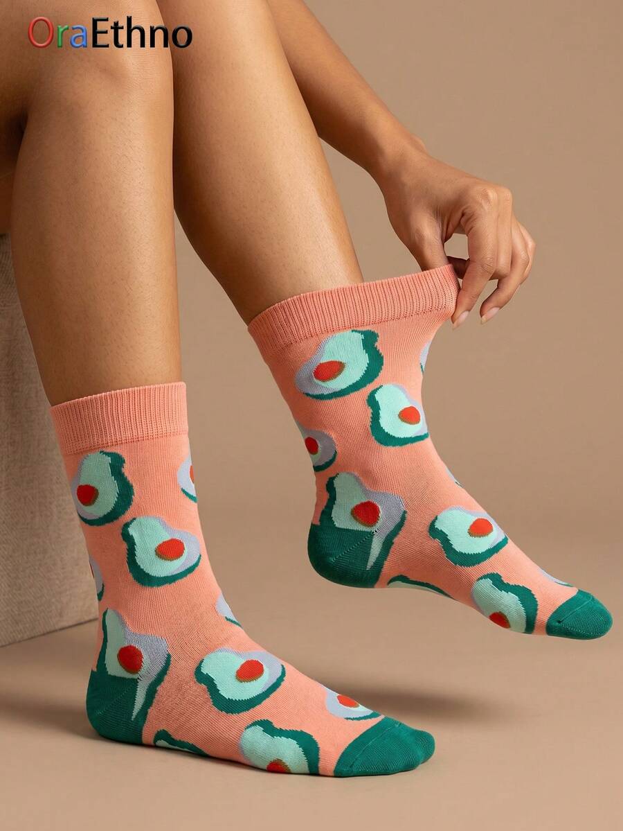 1 par de calcetines de tripulación unisex de uso diario, con patrón de contraste de melocotón y aguacate, de poliéster transpirable - Multicolor - Ver 1