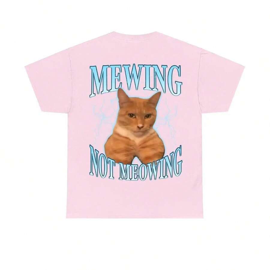 2026 Summer New Funny Cat Meme T-Shirt - Mewing LooksMax Meowing Cat Graphic Tee, Unisex Cotton Outfit For Men & Women, Daily Retro Street T-Shirt - 淺粉色 - 查看 1