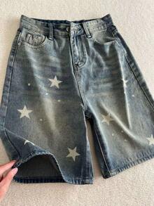 Vintage American-Style Star-Print Washed Denim Shorts, Summer Street Style Straight Loose Wide-Leg Pants - 藍色 - 查看 3