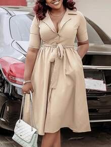 New 2026 Women's Summer Dress Lapel Collar Short Sleeve Solid Color High Waist Flared - 杏色 - 查看 1