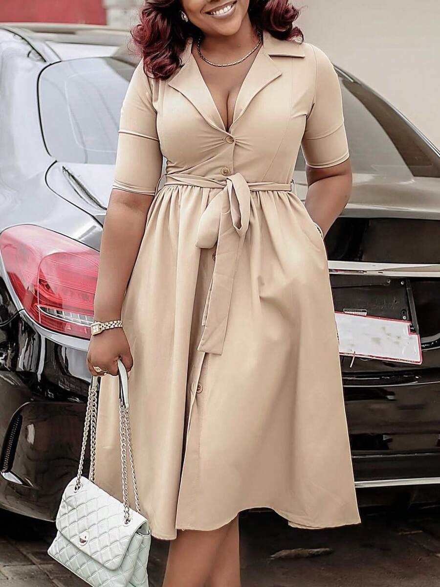 New 2026 Women's Summer Dress Lapel Collar Short Sleeve Solid Color High Waist Flared - 杏色 - 查看 1