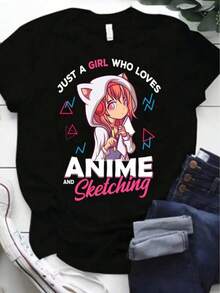 Anime-tryckt t-shirt med rund hals, avslappnad kortärmad t-shirt för vår och sommar, damkläder - Svart - Visa 1
