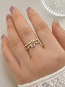 1pc Fashionable Heart Zirconia Open Ring, Sweet Luxury Gold Stackable Rings For Women, Y2K Style Pink & White Heart Zirconia Adjustable Gold Open Ring, Versatile Daily Wear, Multiple Styles Of Heart Drip Oil Rhinestone Rings, Gift For Girlfriend, Jewelry - Multicolor - View 20