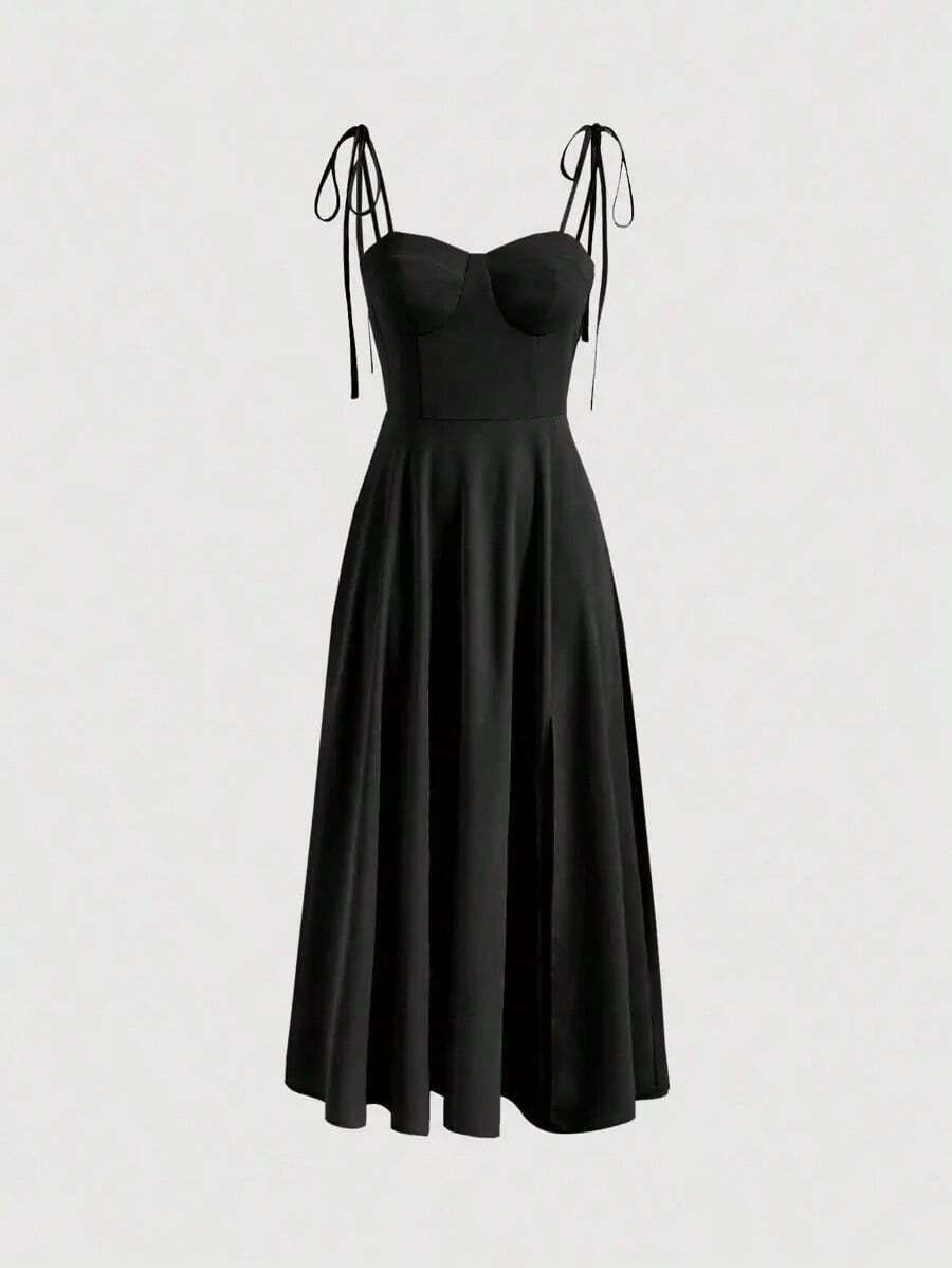 Vestido con abertura y lazo floral - Negro - Ver 1
