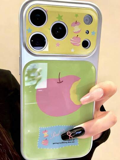 Spring Lime & Pink Apple Illustration Phone Case For IPhone 17, 17 Pro, 17 Pro Max, 16, 16 Pro Max, 14, 13 - Korean Style
