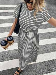 Women's Striped Round Neck Short Sleeve Tie Waist Pocket Casual Mid-Length Dress Women's Summer Dresses Women's Summer Outfits Casual Outfit For Women Dress Women's Summer Co Ord Maxi Dress With Pockets,Summer Dresses For Women - 彩色 - 查看 9