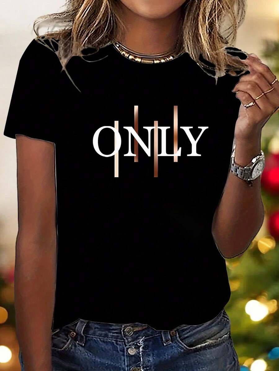 Patrón de Estampado de Letras Artísticas - Elegante y a la Moda - Camiseta de Cuello Redondo para Mujer, Estilo Casual Deportivo, Manga Corta, Tallas S-XXL, Múltiples Colores Disponibles - Negro - Ver 1