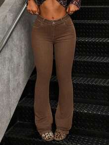 Women's Casual Pocketed Mid-Waist Skinny Flare Jeans - Caqui 2 - Ver 6