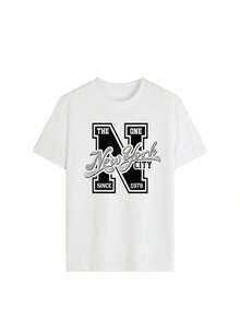 Choose 1 item from 3 colorscamisetas de manga corta de cuello redondo con estampado de gráficos de letras americanas de actitud, de estilo simple y clásico, perfectas para el verano y de uso versátil para mujeres - Blanco - Ver 3