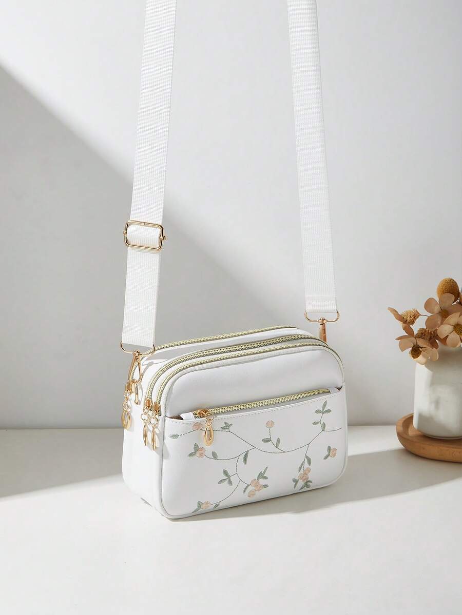 Fashionable Floral Multi-Layer Crossbody Shoulder Bag For Women - White - View 1