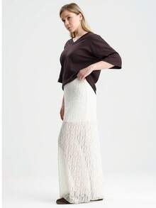 RoseArya Elegant High Waist Lined Lace Maxi Skirt - Beige - View 4