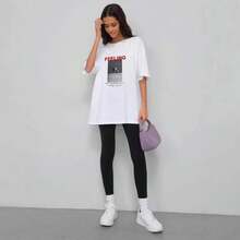 Camiseta de manga corta con estampado de letras FEELING para mujer, estilo retro americano, holgada e informal, para el verano de 2026. - Blanco - Ver 3