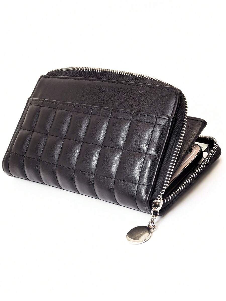 Billetera mini para teléfono, primavera/verano 2026, bolso de mano tipo embrague de moda con patchwork, portacartas multifunción con cierre de cremallera, accesorio de viaje ligero y compacto, regalo para vacaciones - Negro - Ver 1