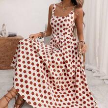 Women's U-Neck Wide Strap Cinched Waist Pleated Back Adjustable Elastic Flared A-Line Midi Dress, Romantic Big Polka Dot, Elegant French Retro Minimalist, Suitable For Office, Commute, Business, Casual, Beach, Spring/Summer - Verde - Ver 8