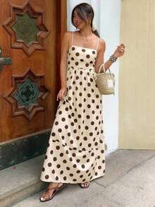 Vestido largo de verano con estampado de lunares vintage elegante, con espalda fruncida y recortes - Amarillo claro - Ver 6