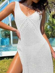 V-Neck Sleeveless Solid Color Hollowed-Out Dress For Beach Vacation In Spring And Summer - Apricot - View 6