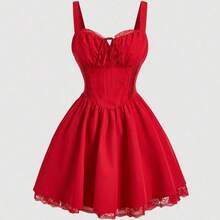 MOD Women's Pink & White Print Lace Trim Cami Strap Mini Dress With Criss-Cross Back, Summer Date Outfit, Valentine Day,  Graduation Dresses, Spring/Summer Outfit, Women's Carnival Costume, Holiday Outfits, Floral Dress, Pink Dress, , Cottagecore Dress, Holidays, Birthday, Festival, Tea Party Dress, Picnic Outfit, Wedding Guest Dress For Women, Birthday - Rojo - Ver 2
