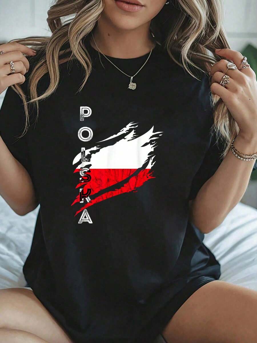 Polska Vintage Flag Poland Flag Polish Pride Polish Roots T-Shirt - Summer Tops Office Outfits For Women, Vacation Outfits Woman - 黑色 - 查看 1