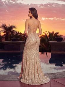 ADYCE Vestido Elegante com Fenda Brilhante e Franzido na Cintura, Adequado para Festas, Eventos, Convidados de Casamento, Ocasiões Formais, Galas e Mais - Champanhe - Visão 2