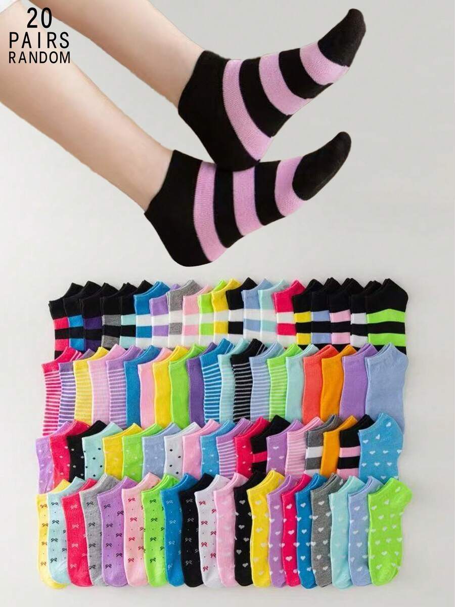 20 pares de calcetines cortos de mujer de unicolor, versátiles y de moda para deportes casuales - Multicolor - Ver 1