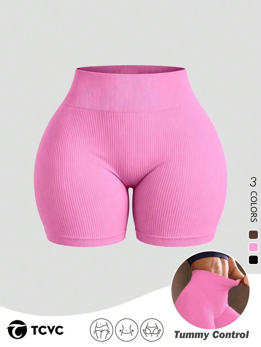 TCVC Seamless Ribbed Texture High Waist Shaping Tight Peach Butt Sports Shorts - Pink - View 1